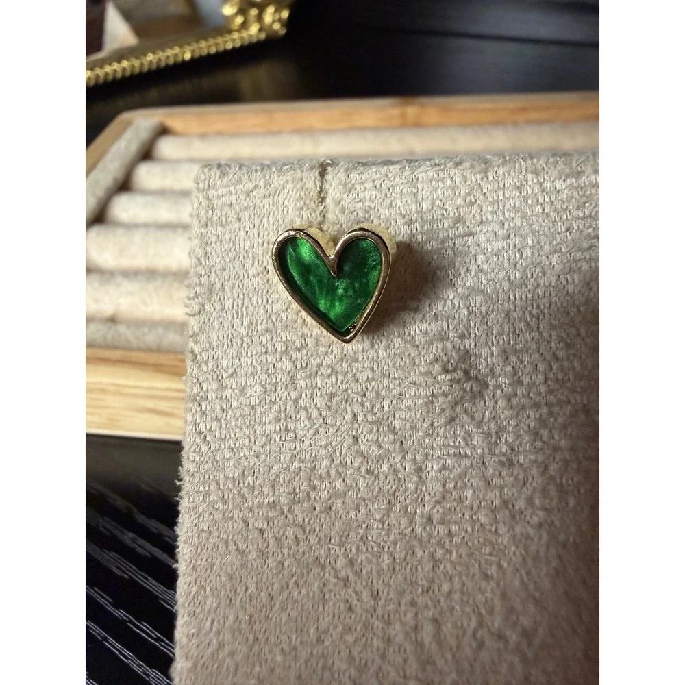 Green Enamel Heart Stud Earrings S925 Sterling Silver Posts Gold Tone